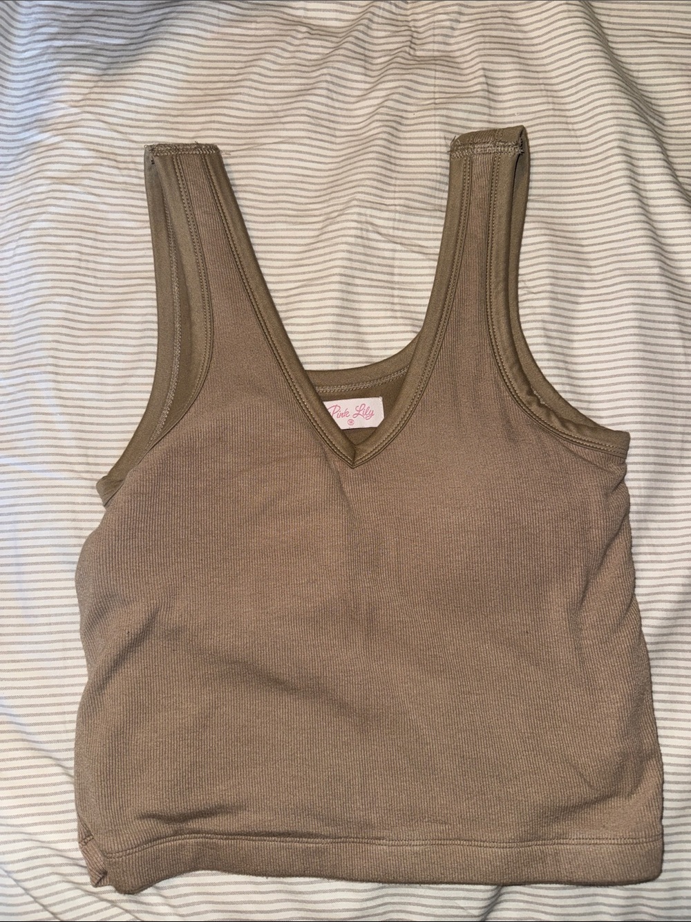 Pink Lily Taupe Ribbed V-Neck Tank Top With Built In Padding